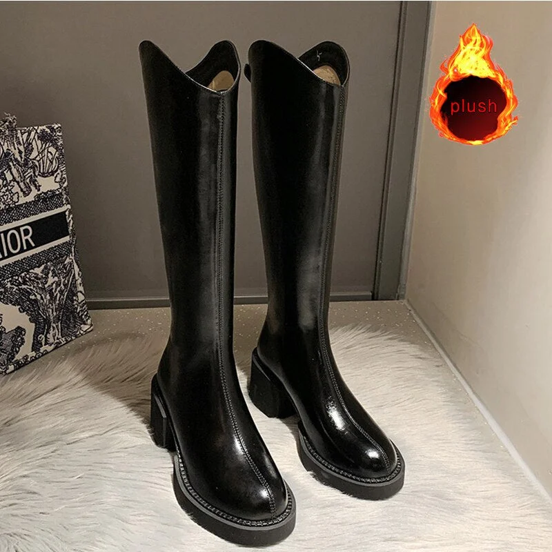 Women's Fashion Thigh High Long Boots Solid Square Heels Ladies Shoes Autumn Winter Soft Leather Zip Female Knee High Boots 2021