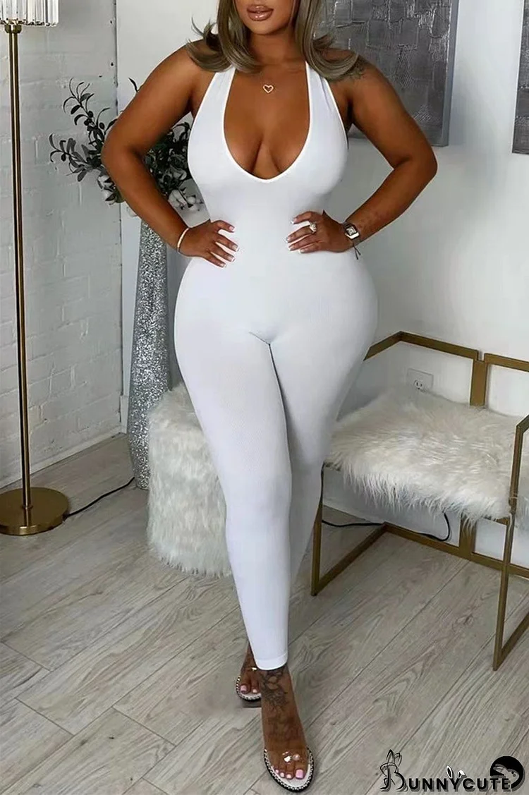 White Sexy Casual Solid Backless Halter Skinny Jumpsuits