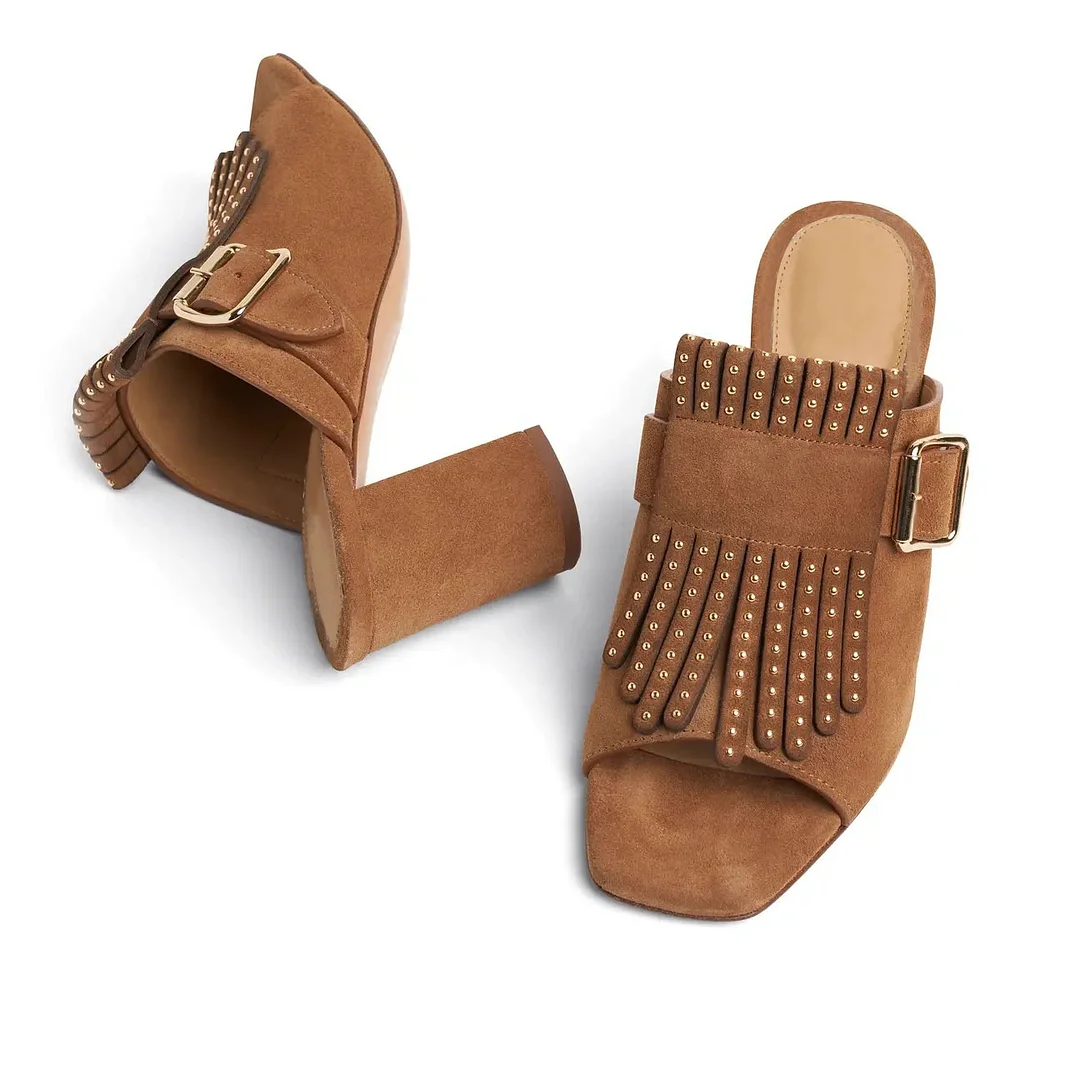 Brown Suede Opened Toe Wide Band Studded Mules With Chunky Heels Nicepairs
