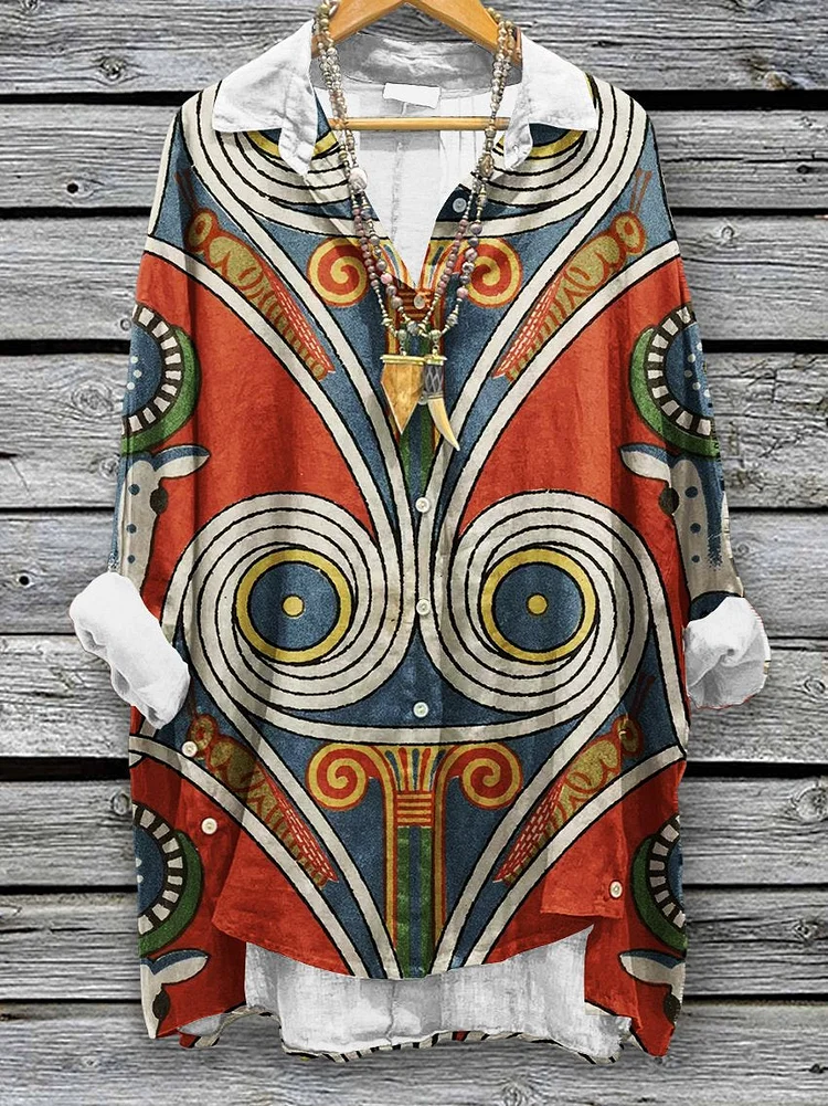 Women's Vintage Pattern Art Print Casual Cotton And Linen Shirt