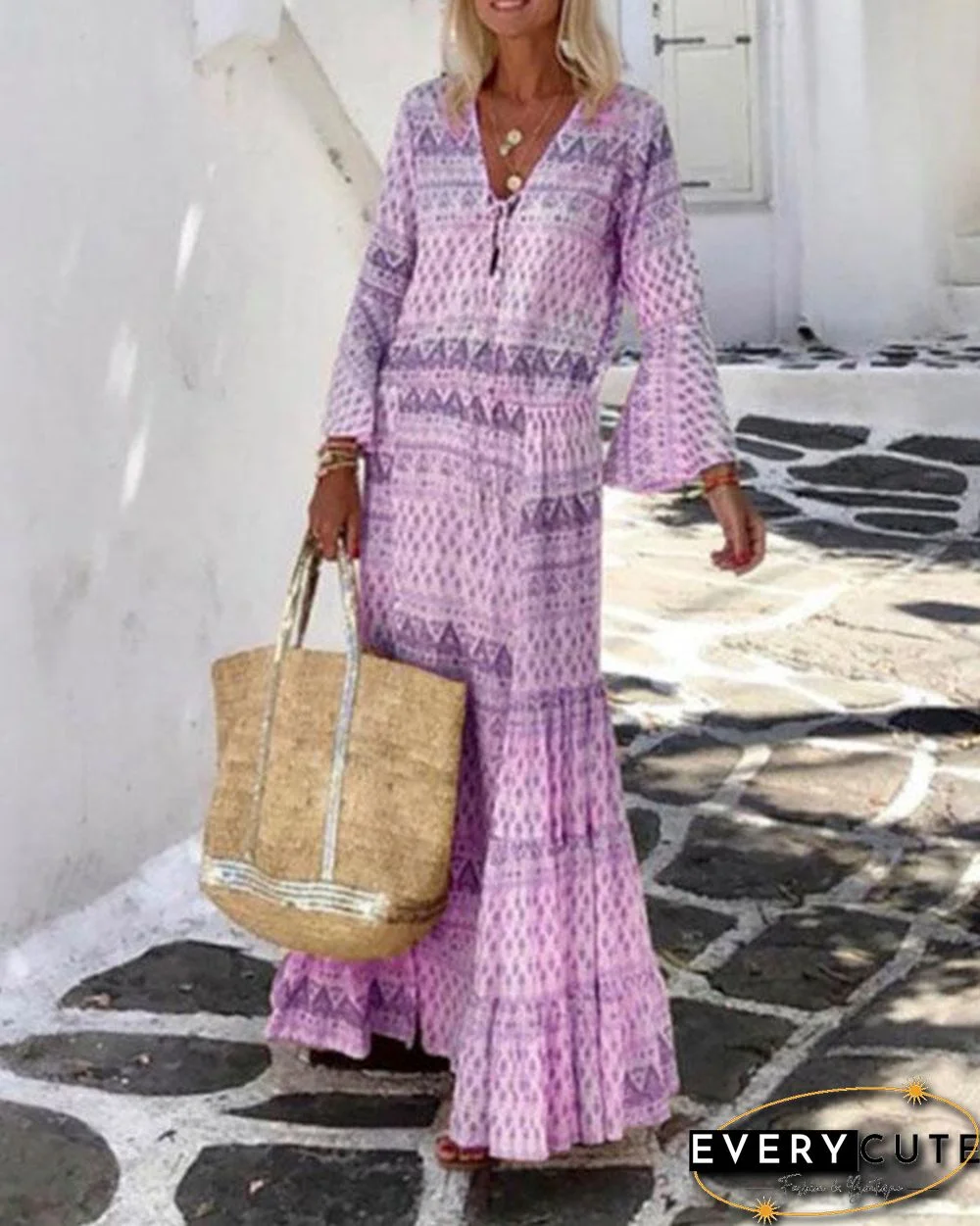 Bohemian Holiday Ruffle Printed Flare Sleeve Lace up Maxi Dress