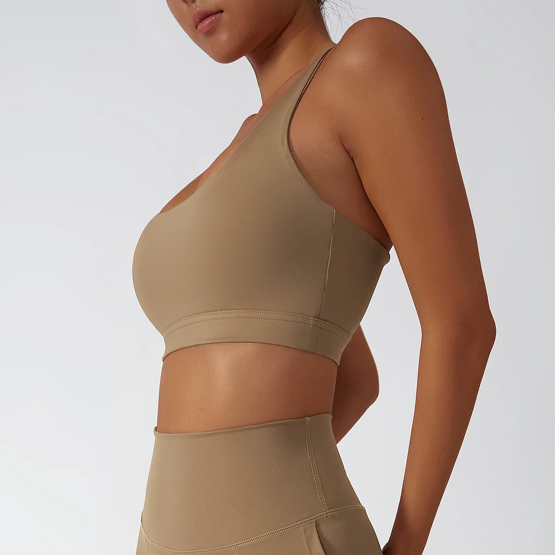 Buy Hergymclothing Camel Brown eco friendly sustainable recycled fabric high impact racer back sports bra at an affordable price