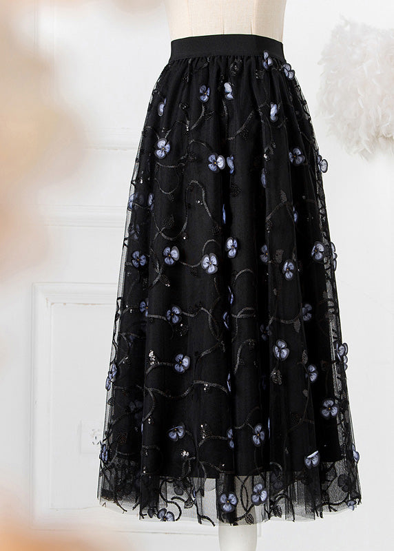 VCSHOES Black Embroideried Floral High Waist Tulle Pleated Skirts Spring
