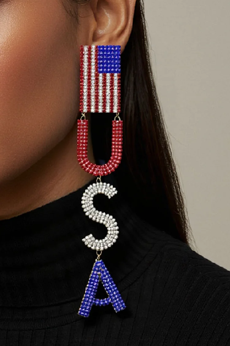 Fashion USA Flag Inlaid Rhinestone Design Long Earrings 2024 - Xpluswear