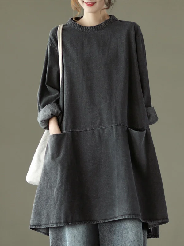 Vintage Split-Joint Long Sleeves Denim Mini Dress