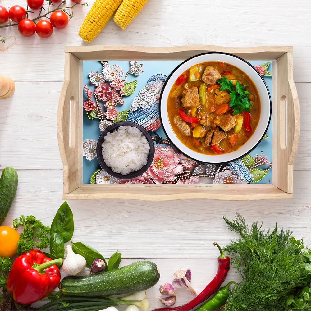 Wooden Flowers Birds 5D DIY Diamond Painting Serving Tray for Home Decor