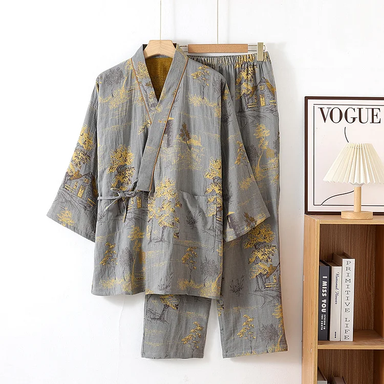 Neutral Landscape Kimono Cotton Pajama Set Radinnoo.com