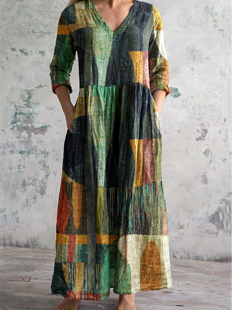 Women's V-neck Sbstract Art Geometric Split Print Dress With Pockets