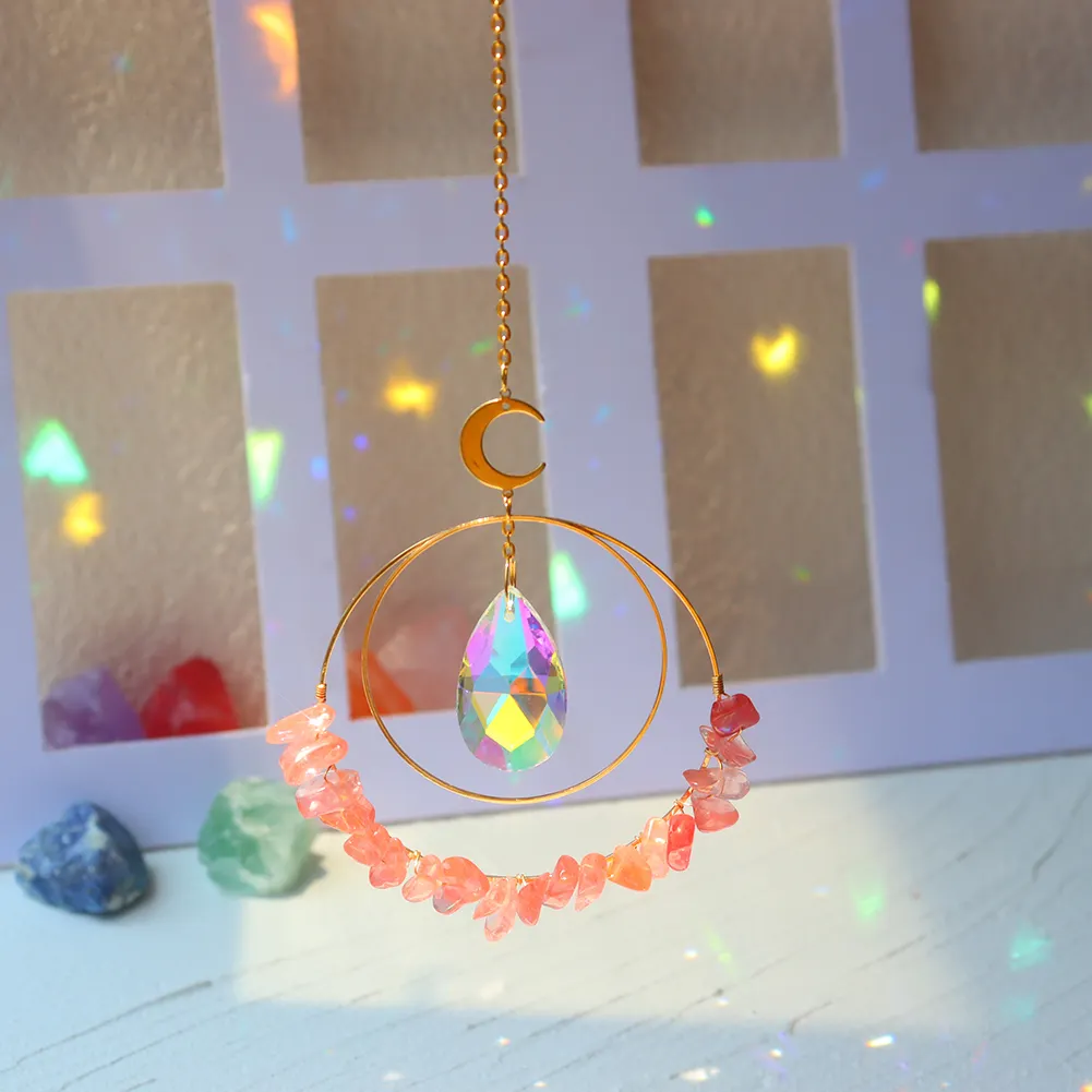 Crystal Sunlight Trapping Windchime Prism Light Catching Pendant (Pink)