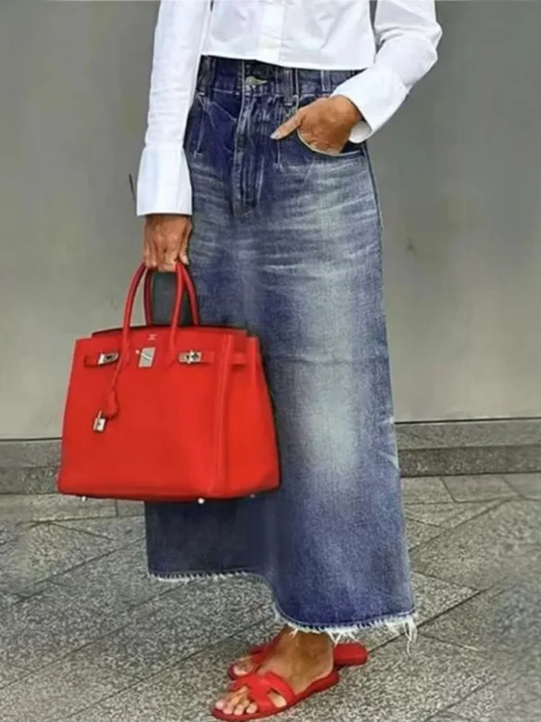 Fringed No Belt Pockets Solid Color Loose Skirts Bottoms