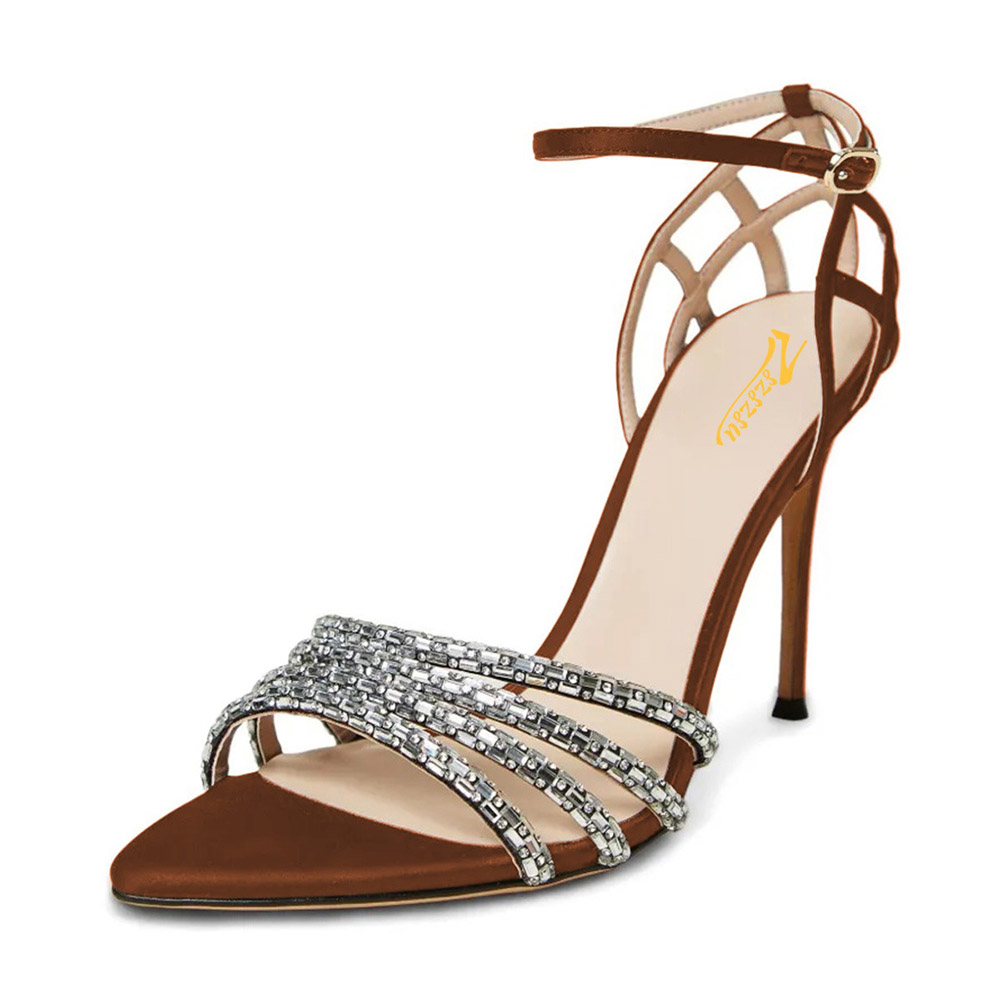 Brown Pointed Toe Studded Ankle Strap Stiletto High Heels Sandals Nicepairs