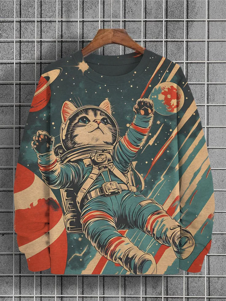 Men's Space Astronaut Cat Print Casual Sweatshirt