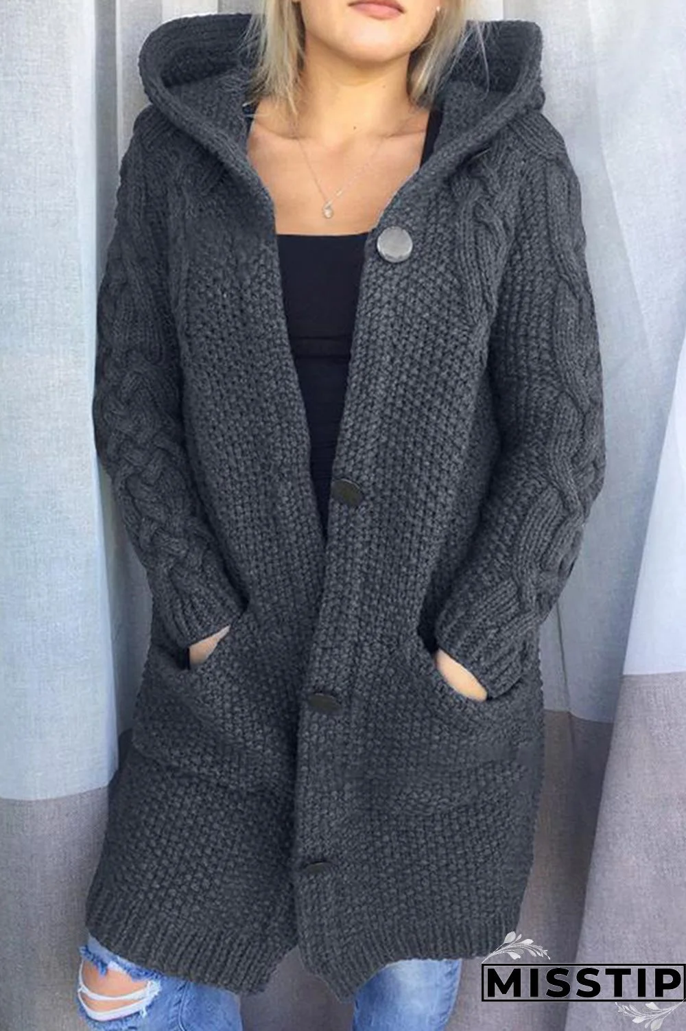 Khaki Casual Solid Cardigan Hooded Collar Outerwear