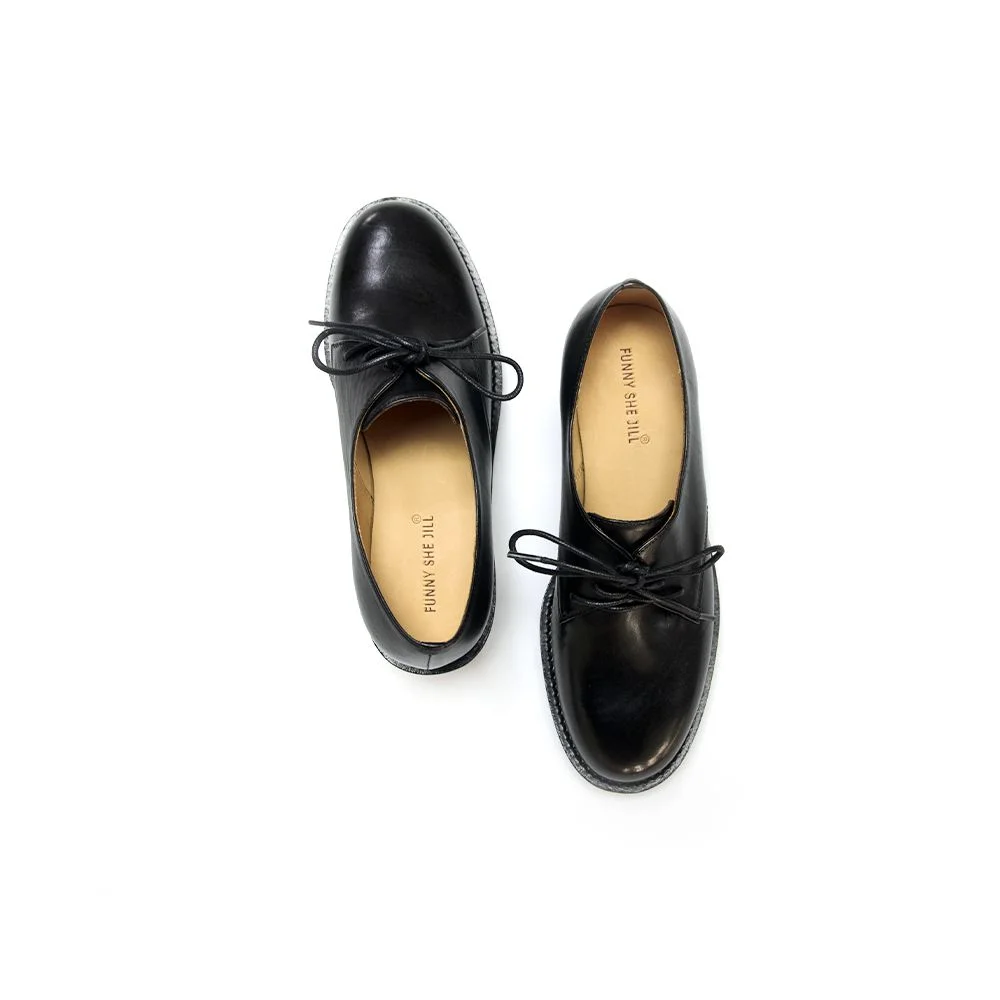 Women's Minimalist Oxford Shoes Round Toe Lace-up Leather Shoes Nicepairs
