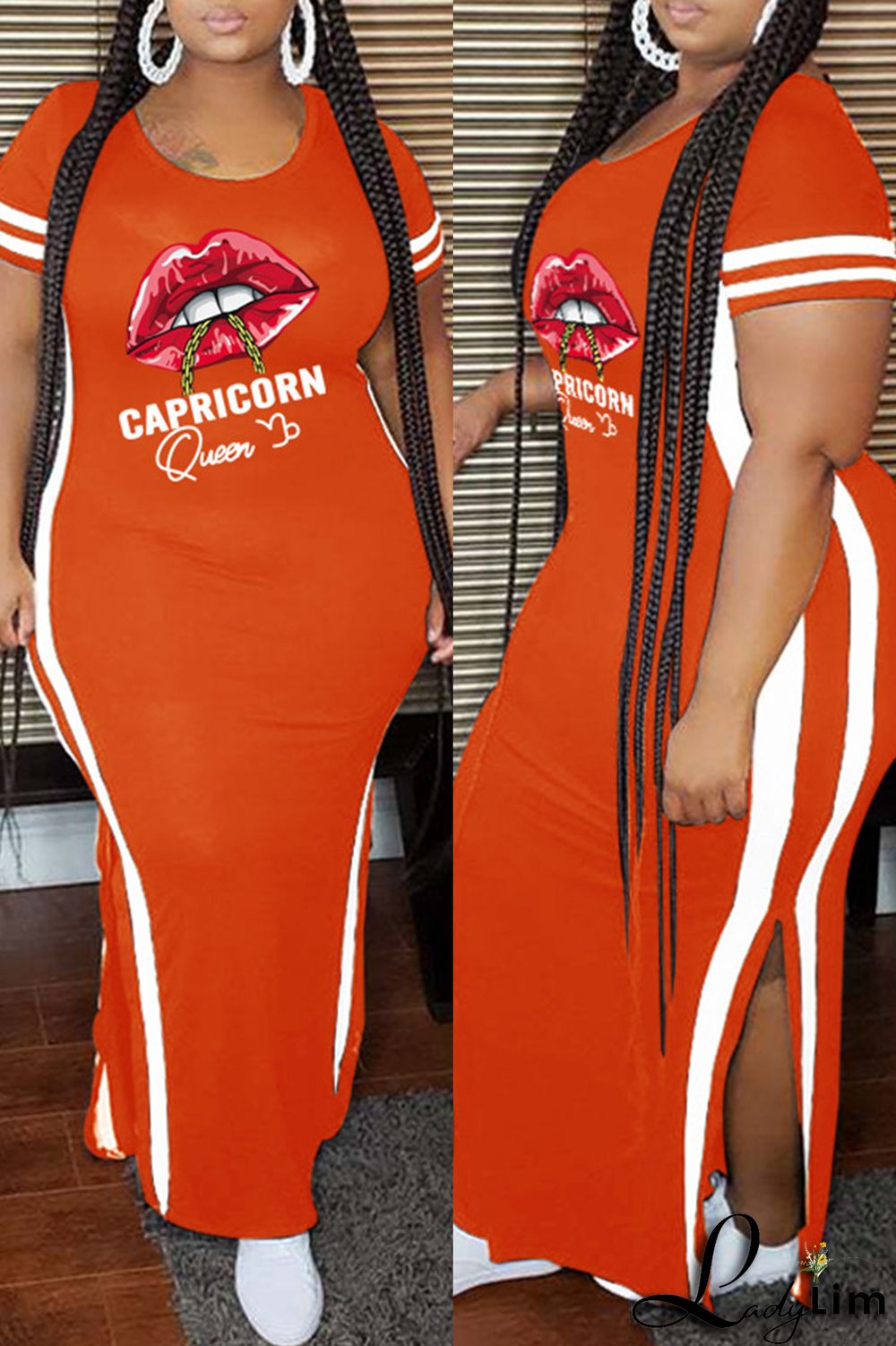 Pink Fashion Casual Plus Size Lips Printed Split Joint Slit O Neck Short Sleeve Dress