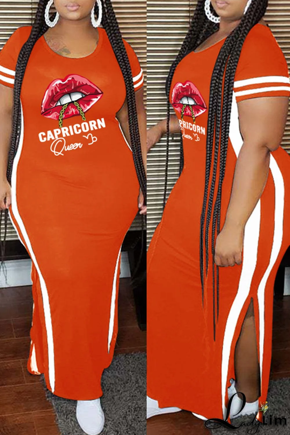 Pink Fashion Casual Plus Size Lips Printed Split Joint Slit O Neck Short Sleeve Dress