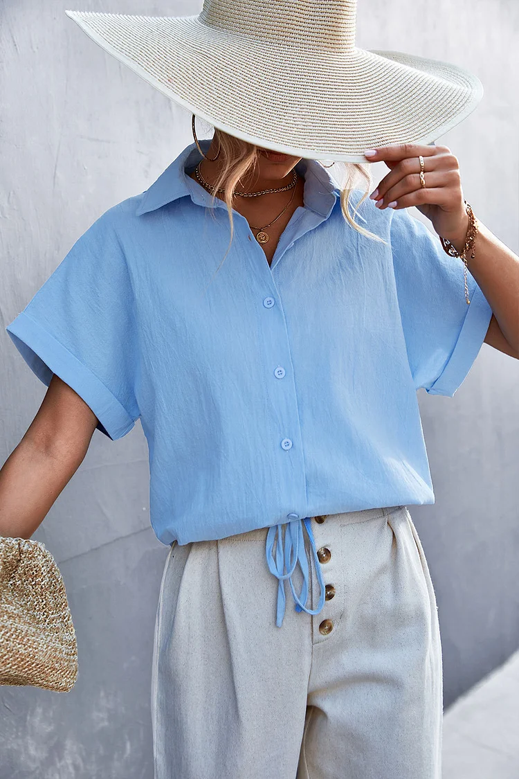Solid Color Lapel Loose Tie Knot Short Sleeve Shirt