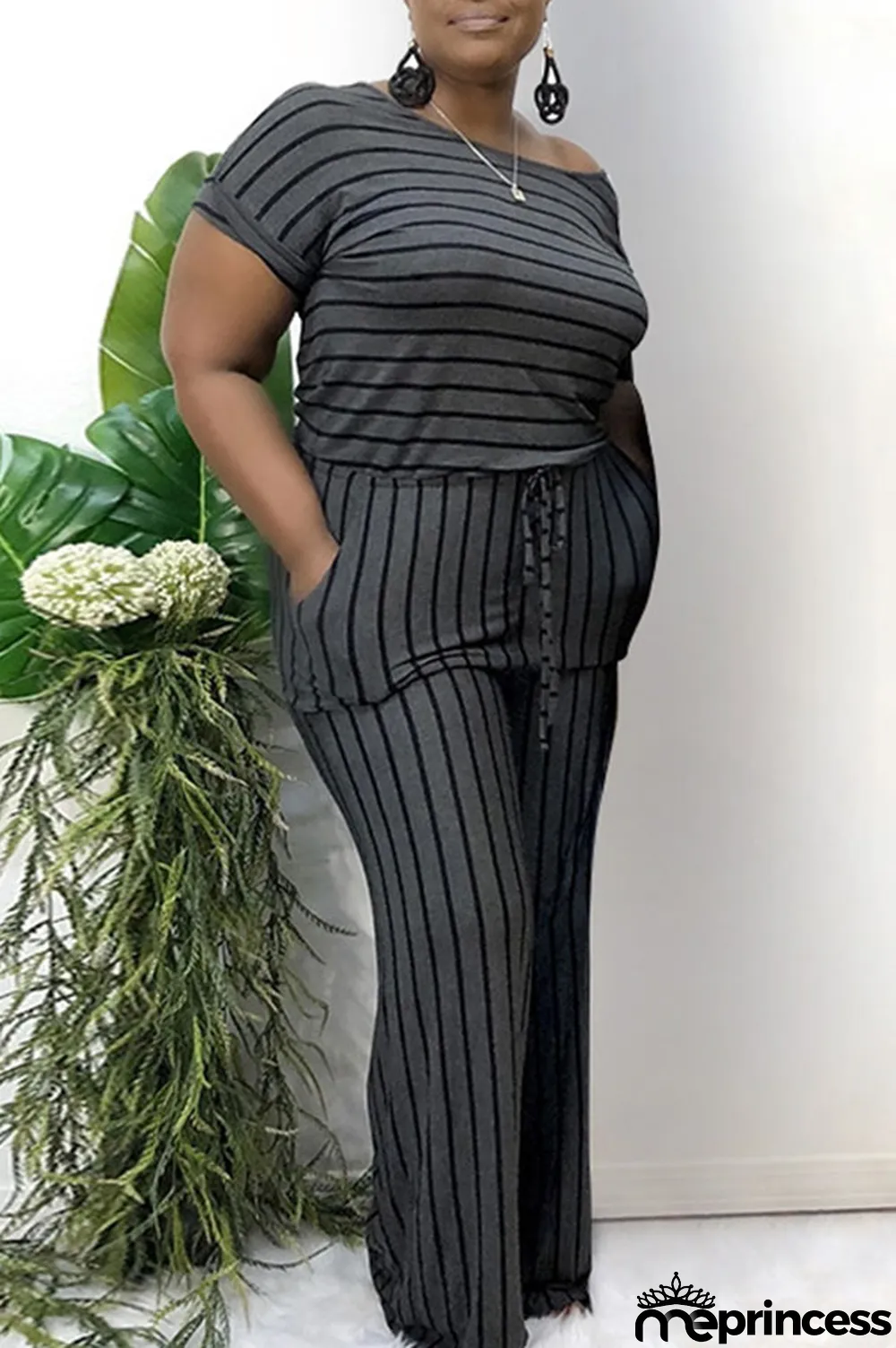 Grey Polyester Sexy Striped Print Stripe Plus Size