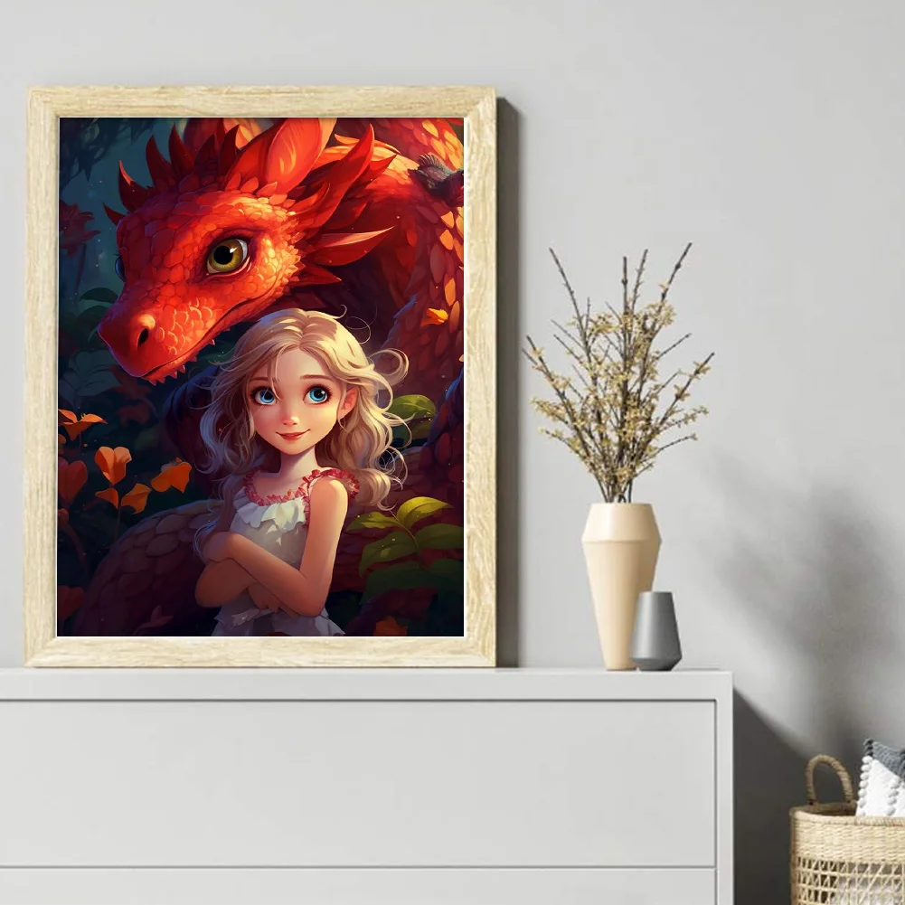 9CT Full Cross Stitch Bead Embroidery - Girl Dragon(Canvas|40*50CM)