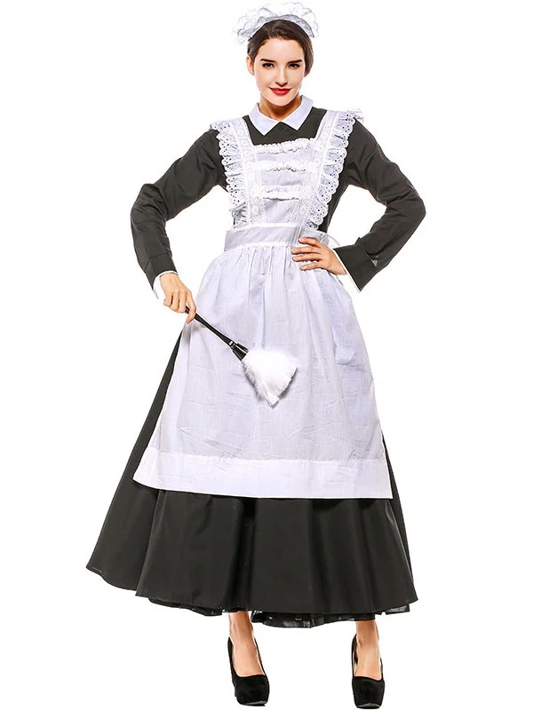 Women Maid Black Dress Cotton Halloween Costume With Apron Novameme