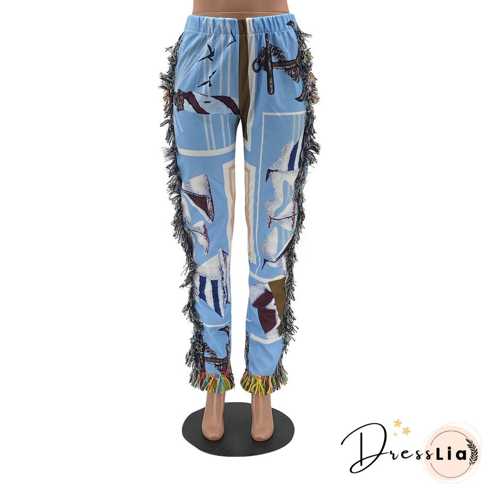 Side Tassels Patchwork Elastic Waist Women Print Jogger Pant