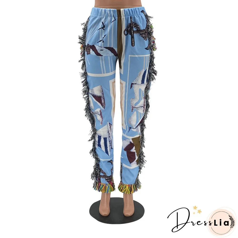 Side Tassels Patchwork Elastic Waist Women Print Jogger Pant