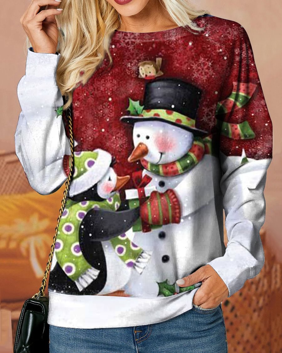 Casual Christmas Snowman Print Sweatshirt