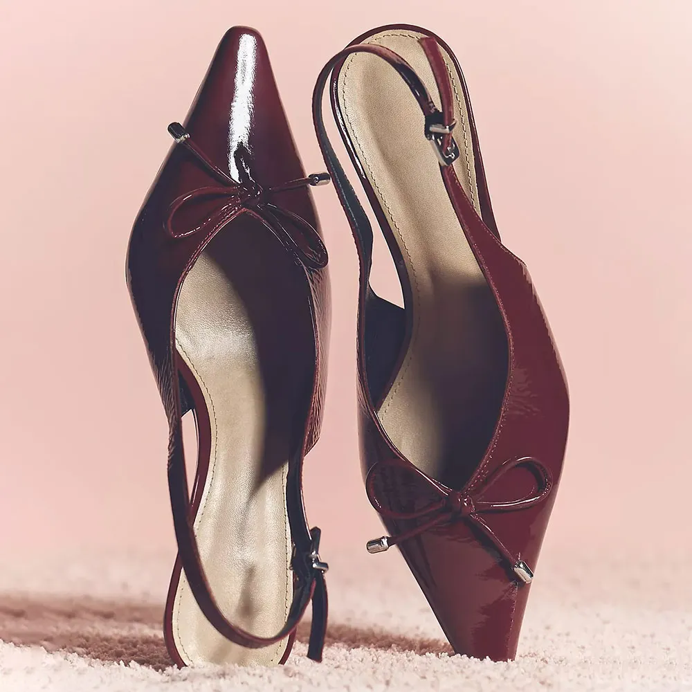 Maroon Patent leather Pointed Toe Slingback Cute Bow Pumps Shoes