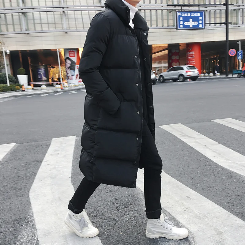 Woherb Winter Long Cotton Coat Men Handsome Long Style Over The Knee Thick Cotton-Padded Clothing Korean Version Students Trend Big Cotton-Padded Jacket-Outfit Ideas