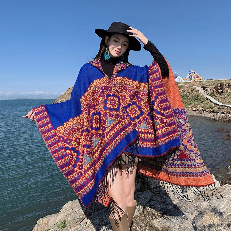 Ethnic Style Hooded Shawl Cloak Lijiang Xinjiang Tibet Northwest Tourism Wear Photograph Warm Outer Cape