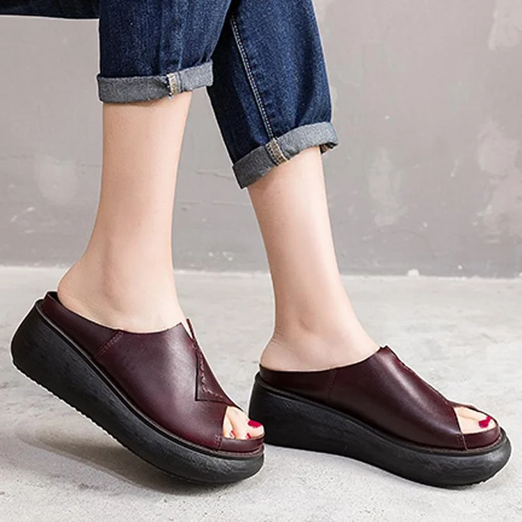 Women 2022 Sewing Platform Casual Leather Slippers