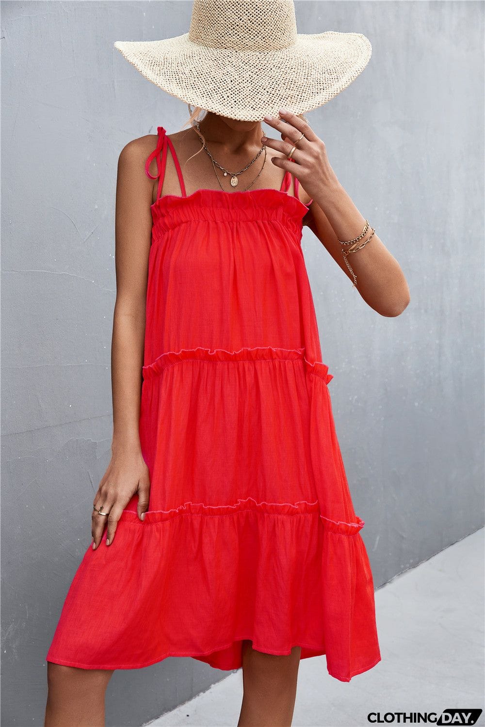 Tie-Shoulder Frill Trim Sleeveless Dress