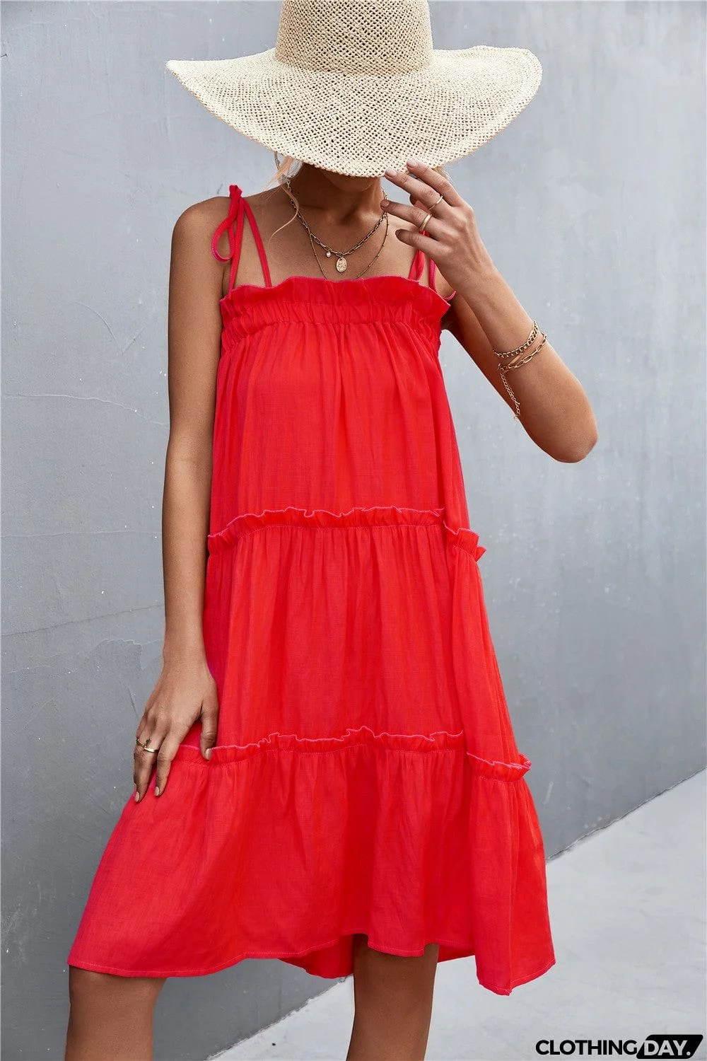 Tie-Shoulder Frill Trim Sleeveless Dress