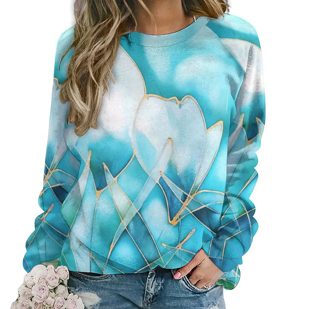 Printed Long Sleeve Casual Sweatshirt for  Women and Men Unisex Pattern Blue, Texture, Leaf