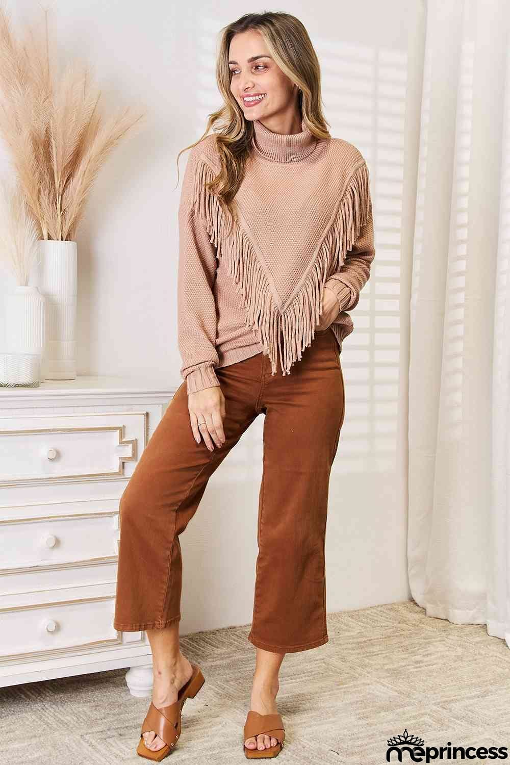 Woven Right Turtleneck Fringe Front Long Sleeve Sweater