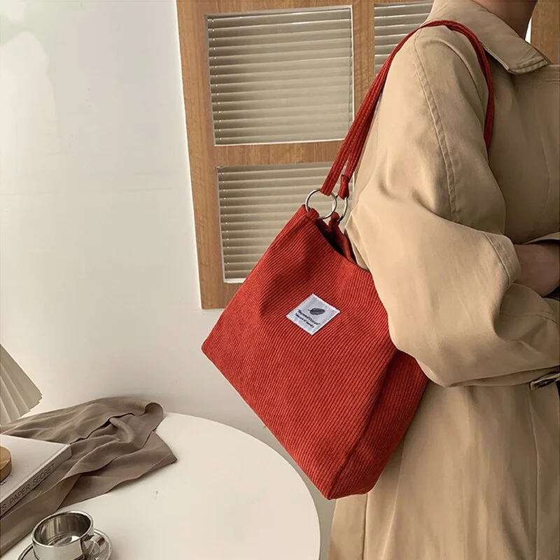 Retro Corduroy Tote Bags for Women 2022 Girls  Fashion Casual Shoulder Bags Large Capacity Solid Color Minimalist Style Handbags