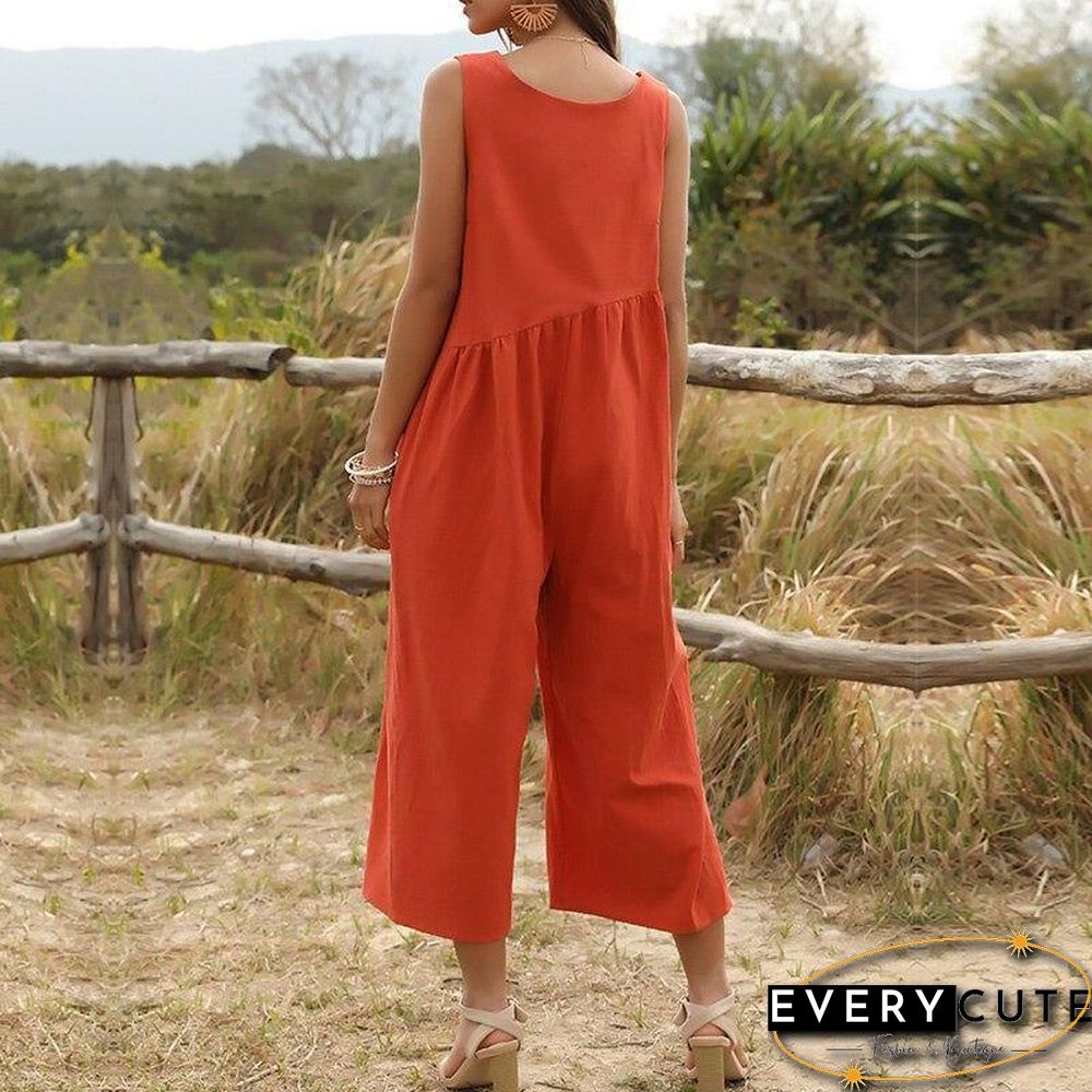 Spring Summer Fashion Jumpsuits Women Ankle-length Pants Loose Casual Solid Deep Neck New