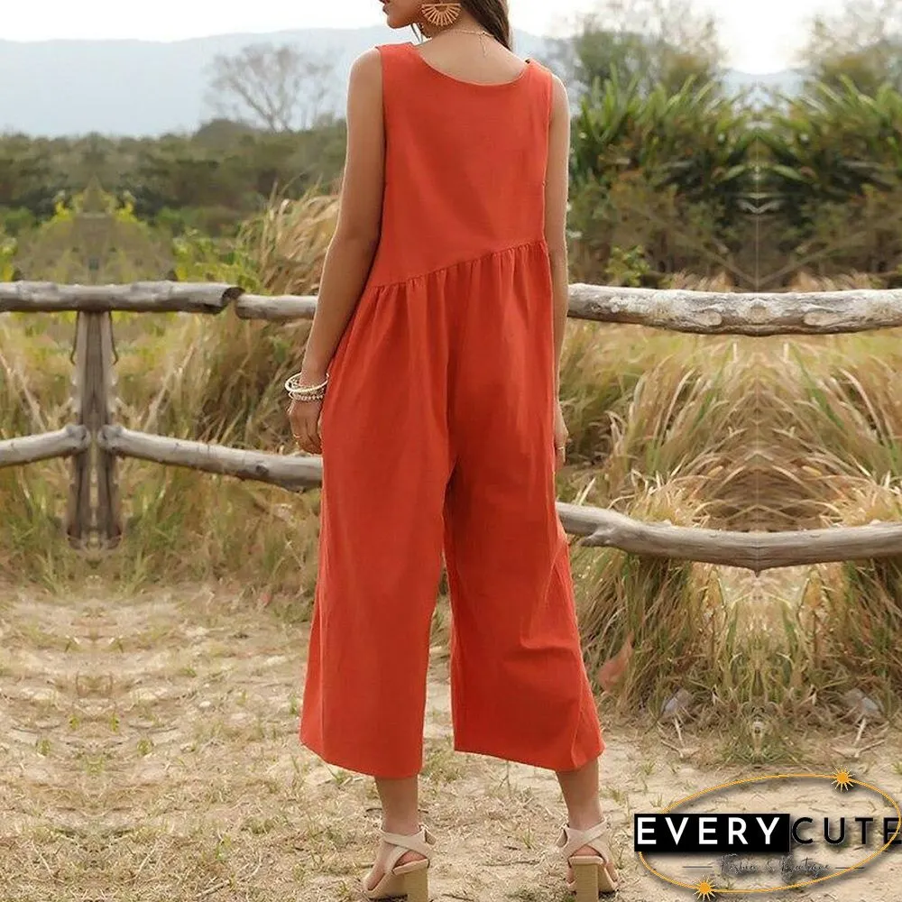 Spring Summer Fashion Jumpsuits Women Ankle-length Pants Loose Casual Solid Deep Neck New