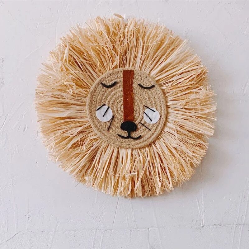 INS Noridc Hand Woven Straw Lion Tiger Wall Hanging Decor Cartoon Animal Ornaments For Baby Bed Kids Room Decoration Photo Props