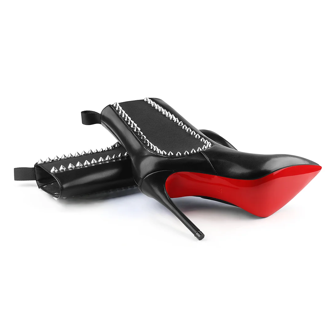 100mm Women's High Heels Boots Red Bottom Black Rivet Ankle Boots-MERUMOTE