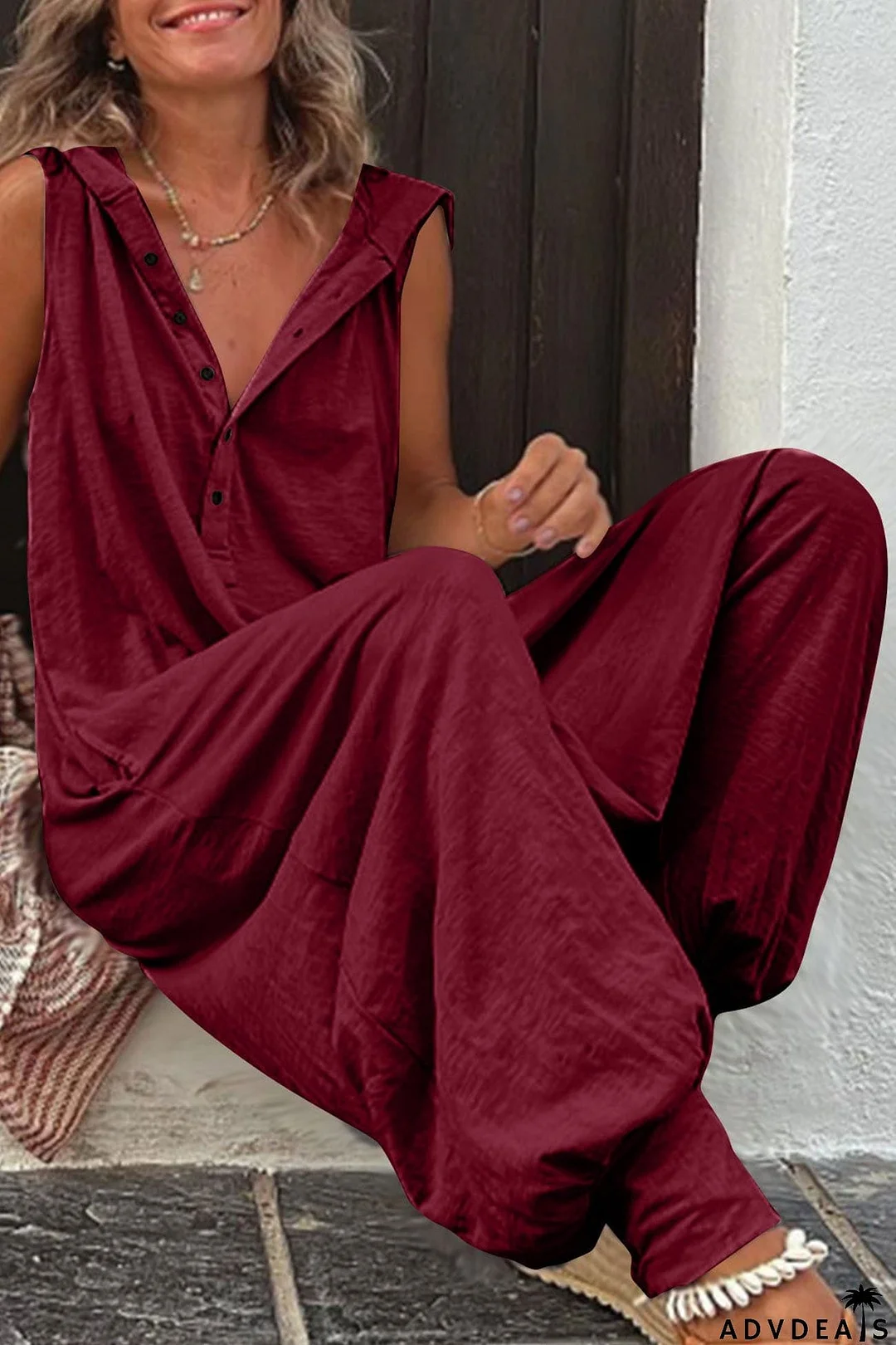 Single-breasted Sleeveless Hooded Jumpsuit