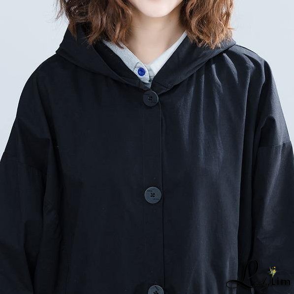 Black Casual Trench For Women Bandage Coats Hooded Button Pockets Loose Women Cloths