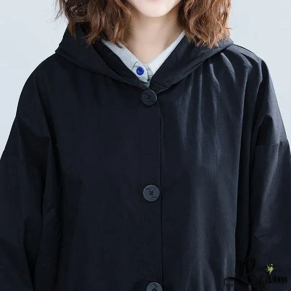 Black Casual Trench For Women Bandage Coats Hooded Button Pockets Loose Women Cloths
