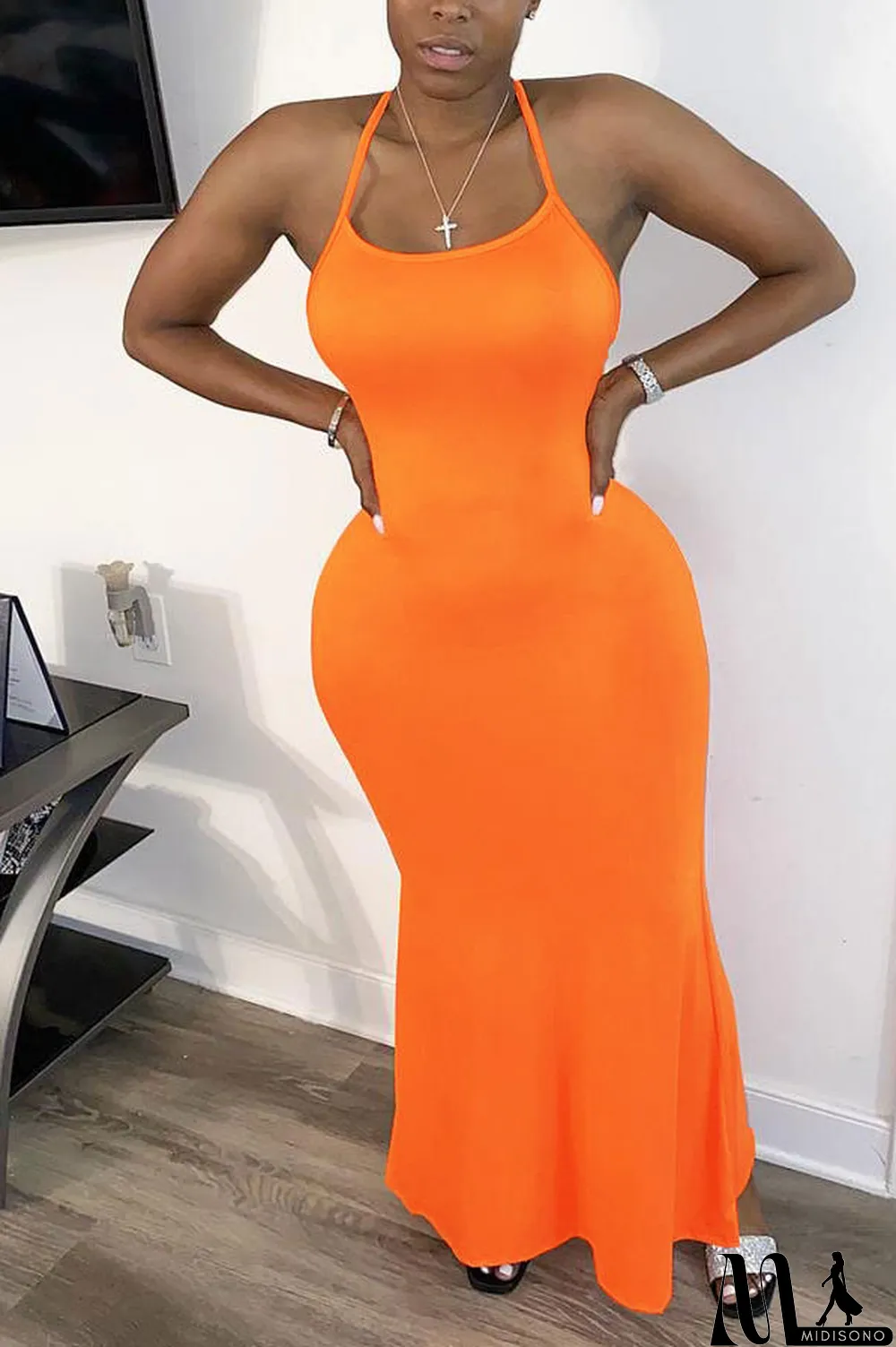 MidiSono - Orange Sexy Orange rose red Shallow yellow Spaghetti Strap Sleeveless Slip Mermaid Ankle-Length Solid Dresses