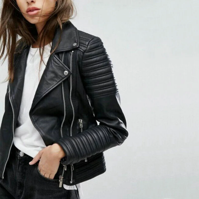 Peneran Fashion Women's Autumn Winter Motorcycle Faux Leather Jacket Ladies Long Sleeve Motorcycle Punk Street Wear Black Coat