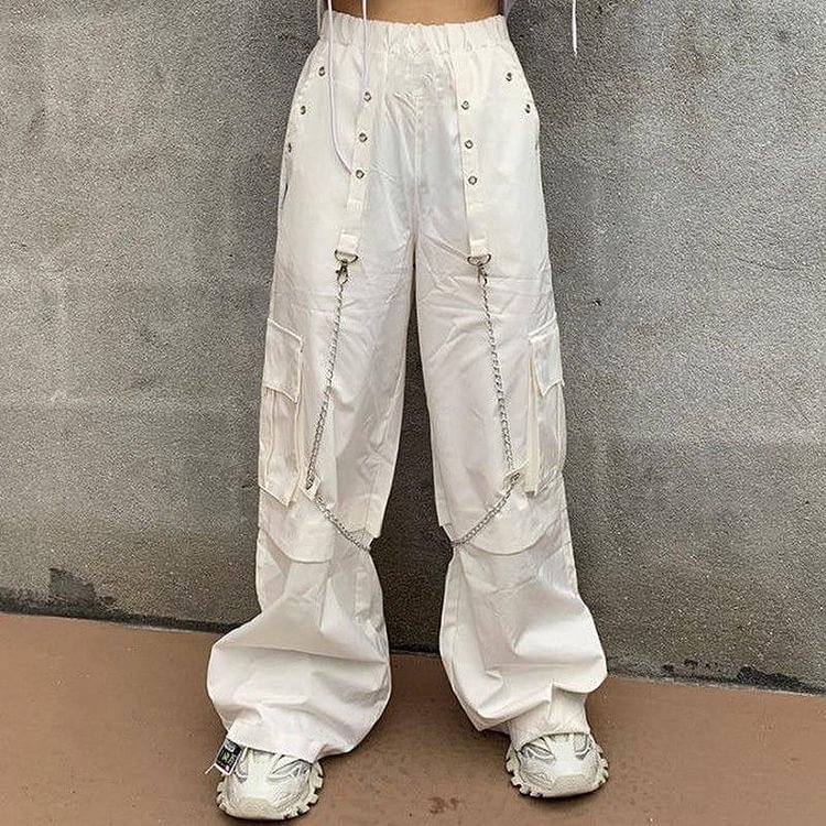 QWEEK Harajuku Goth White Cargo Pants Women Mall Goth Hippie Moda Punk Loose Pants Chain Baggy Oversize Korean Style Trousers