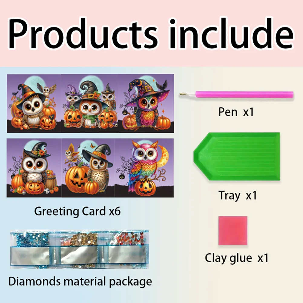 6Pcs DIY Halloween Owl Diamond Painting Greeting Card Diamond Handmade Card