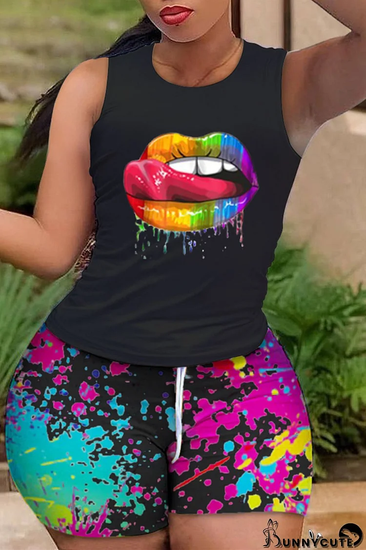 Black Fashion Casual Lips Printed Basic O Neck Sleeveless Two Pieces