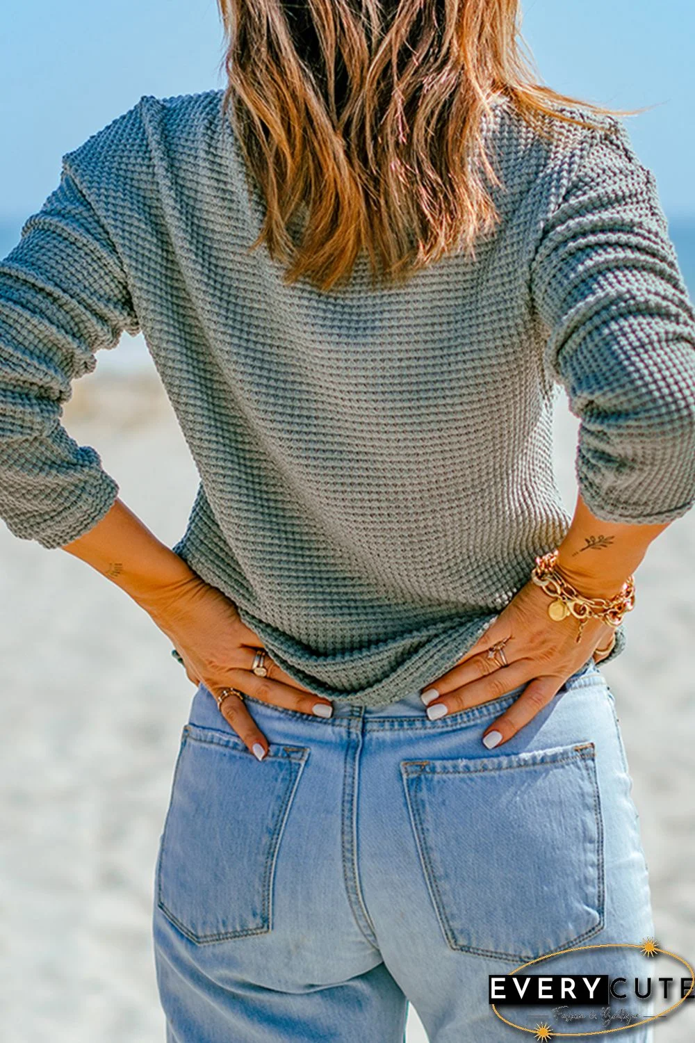 Green Waffle Knit Drop Shoulder Long Sleeve Top