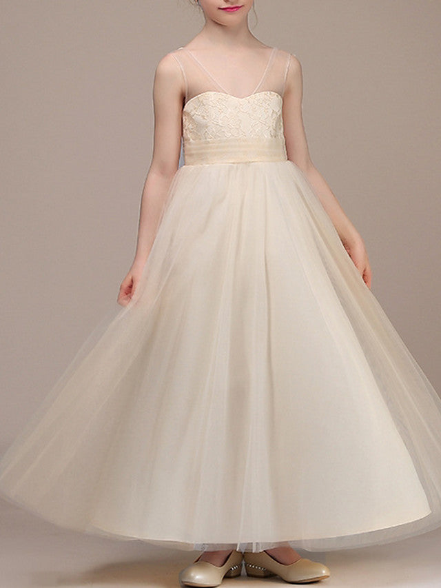 Oknass A-Line Sleeveless Plunging Neck Flower Girl Dresses  Chiffon  With Ruching